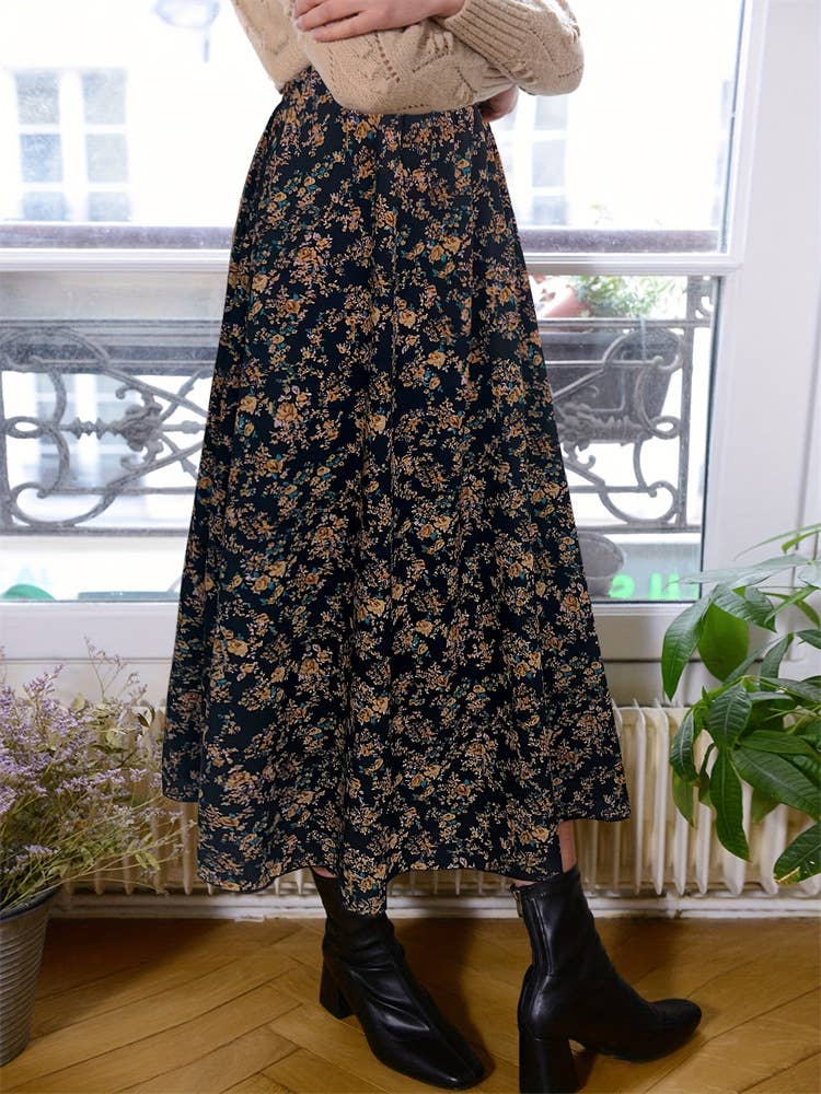 Elastic waist floral print A-line skirt