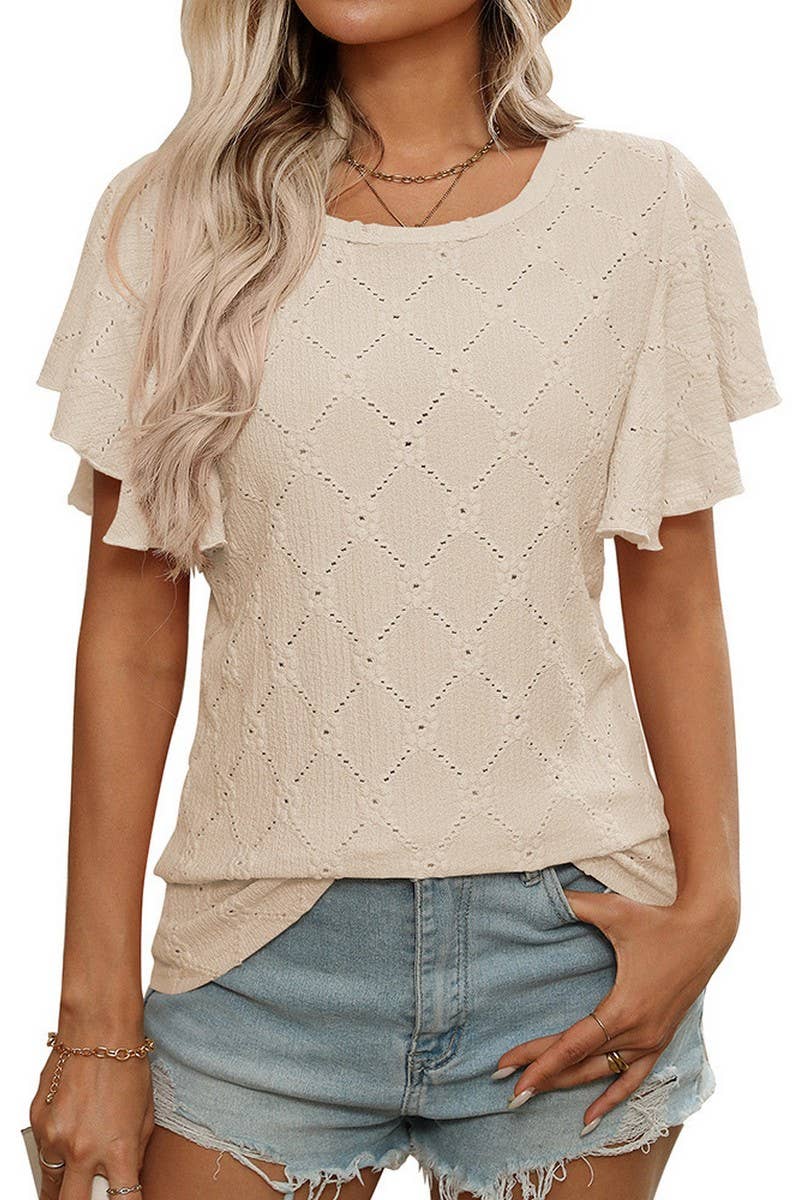 CWTTS1371_SUMMER FLOWER HOLLOW LOTUS SLEEVE CASUAL TOP