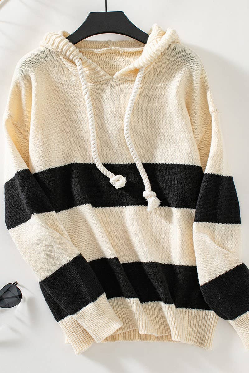 CWOSWL2870_HOODED CONTRAST LOOSE-FITTING KNIT SWEATER