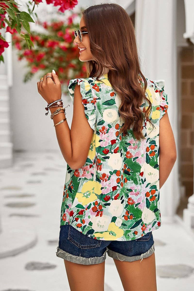CWTBLSL0061_Round Neck Floral Ruffle Sleeveless Top