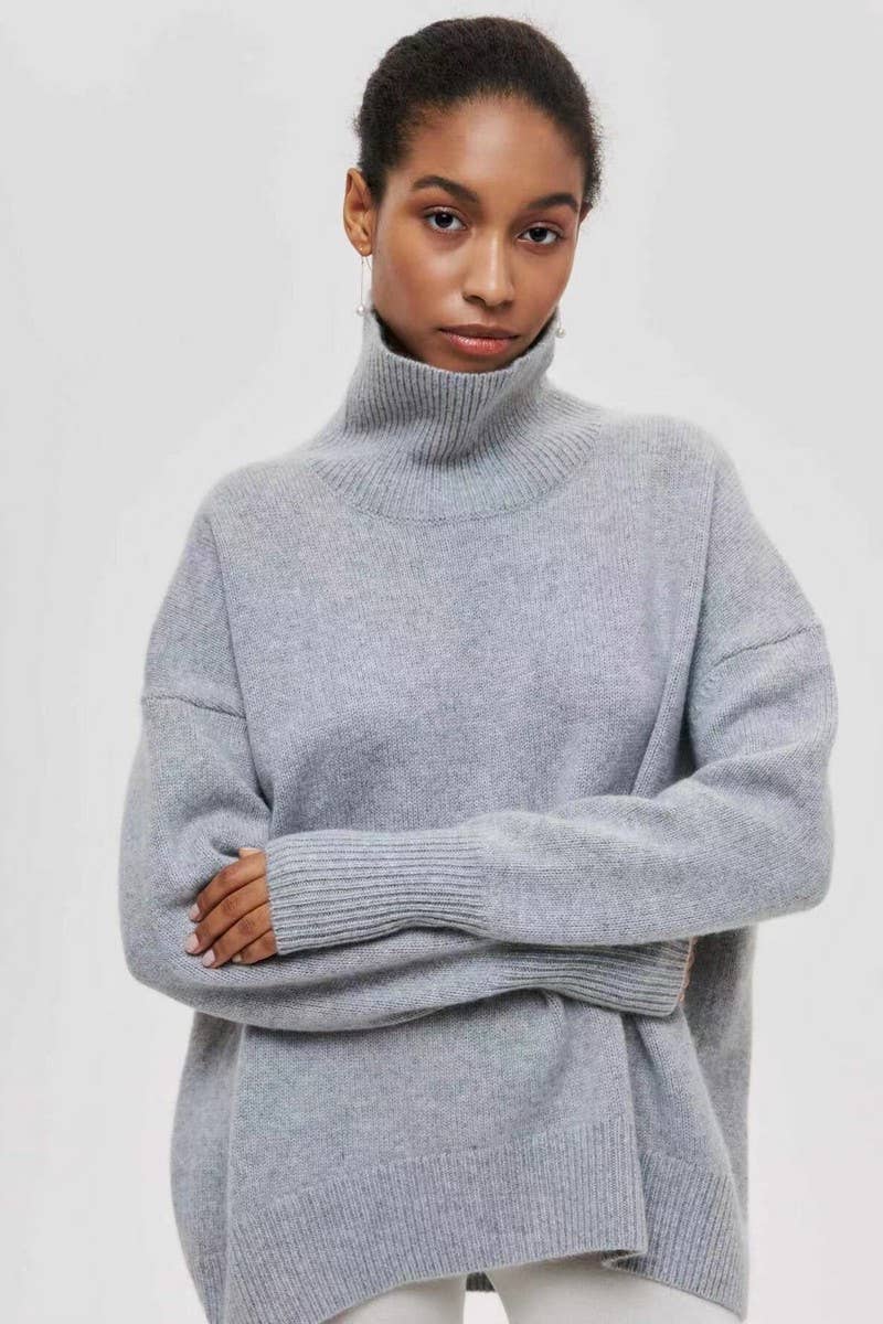 CWOSWL07646_SOLID COLOR LOOSE TURTLENECK KNITTED SWEATER