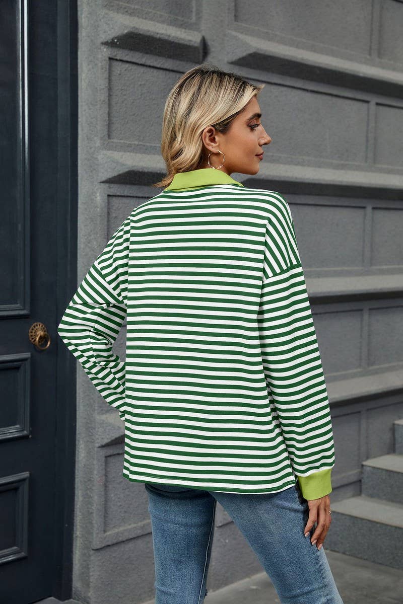 CWTBLL2361_CONTRAST COLOR LAPEL LOOSE STRIPED SWEATSHIRT