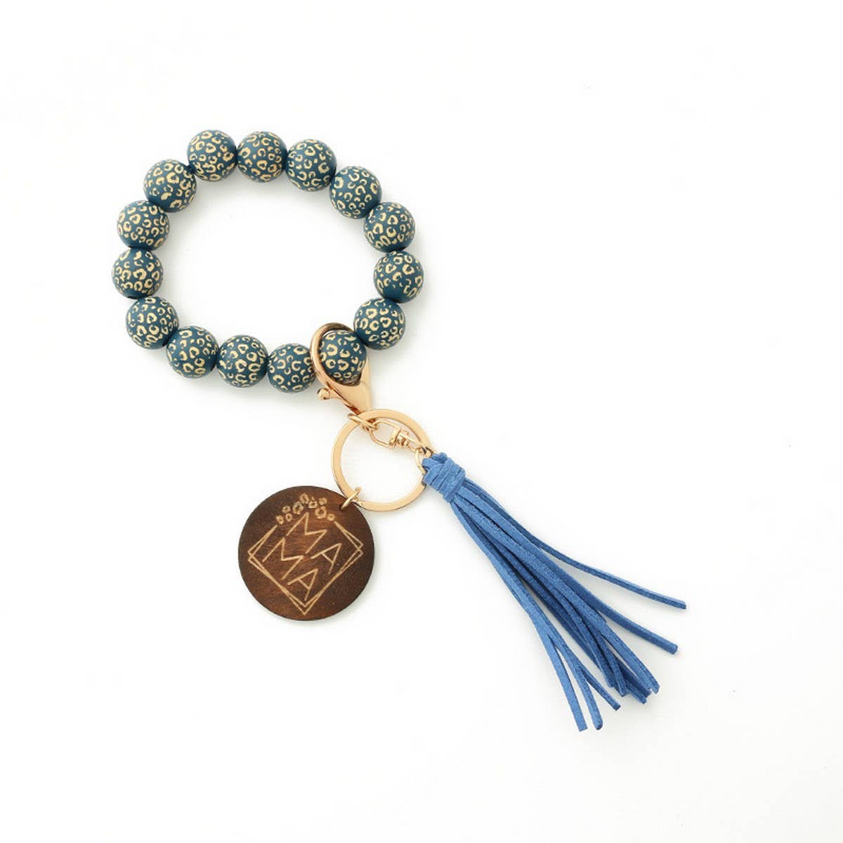 LEOPARD PATTERN WOODEN BEAD BRACELET KEYCHAIN
