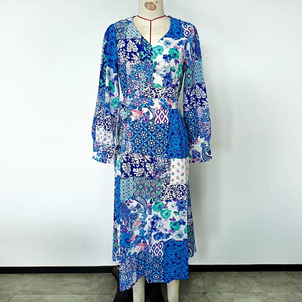 ABSTRACT PRINTED BELT A-LINE LONG-SLEEVED DRESS