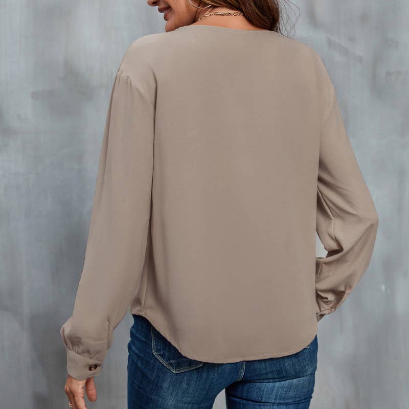 Button-decorated V-neck long-sleeved shirt