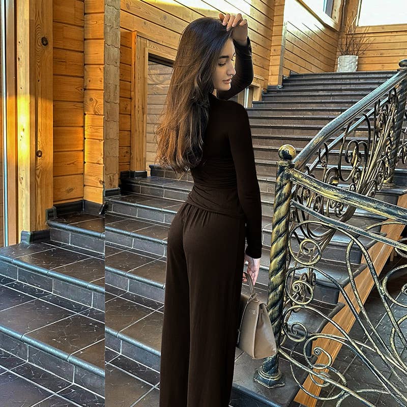 Fitted pullover top straight-leg trousers set
