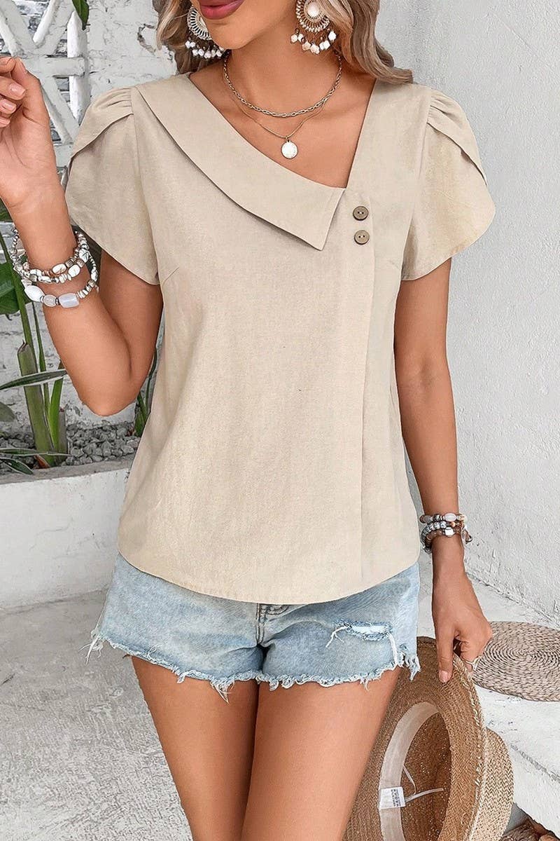 CWTBLS1824_SUMMER SMALL SLANT COLLAR DESIGN SOLID COLOR TOP