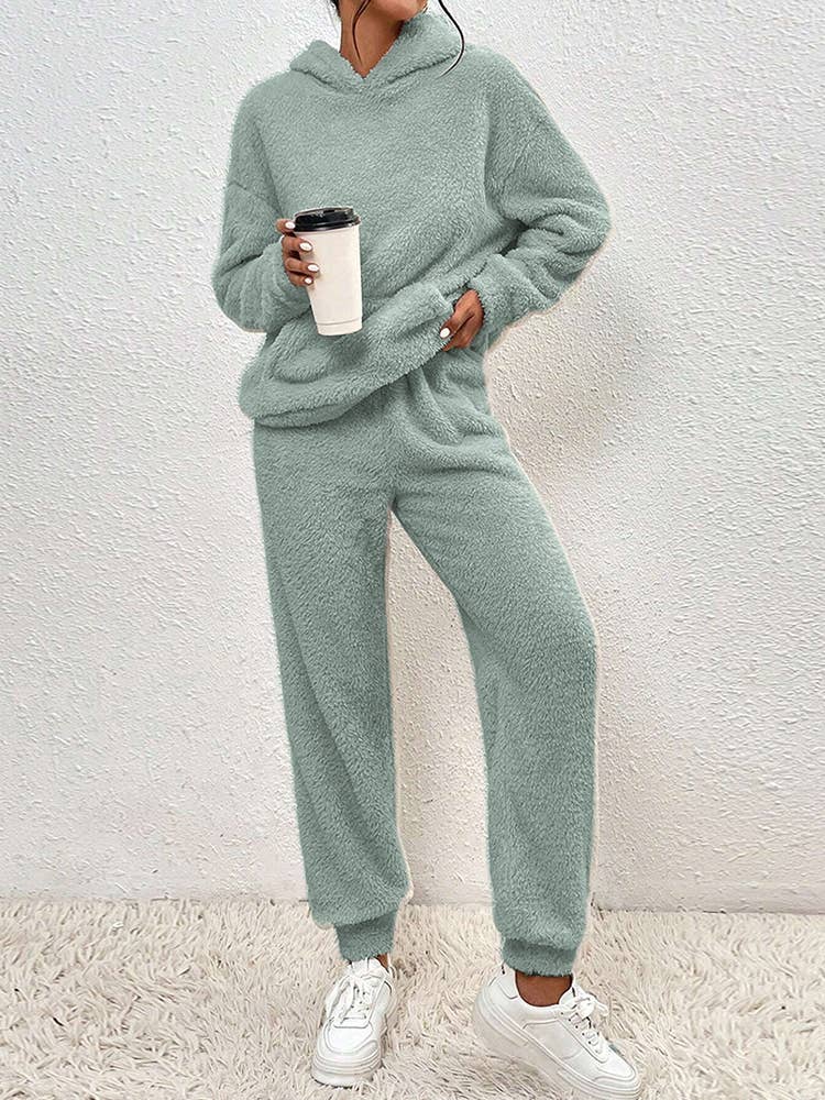 FLEECE HOODED LONG-SLEEVED PANTS SOLID COLOR SUIT