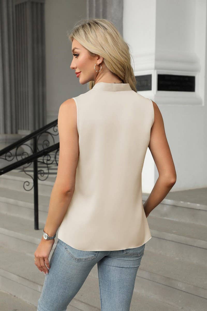 CWTBLSL0963_SATIN BUTTON V-NECK SLEEVELESS BLOUSE