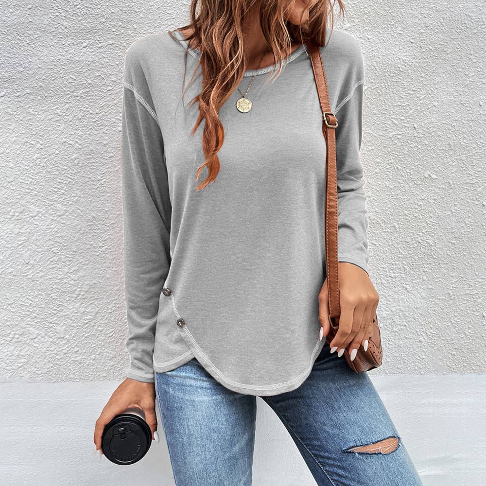 Decorative buttons irregular hem T-shirt