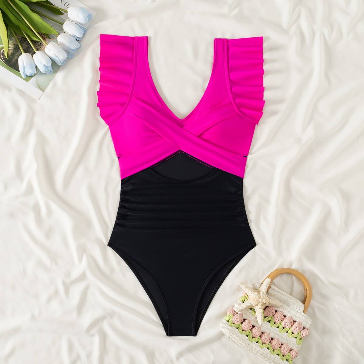 RUFFLED SMALL FLYING SLEEVE TUMMY CONTROL SWIMSUIT