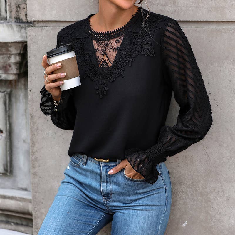 Flared sleeved lace patchwork solid-color shirt