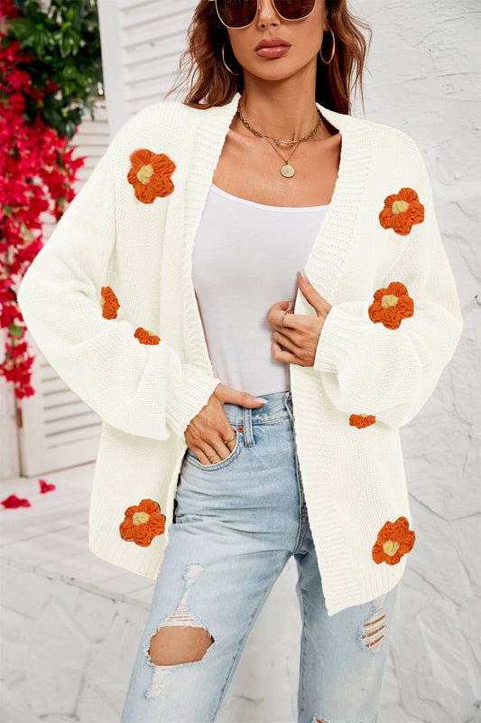 Flower cardigan lantern sleeve sweater coat