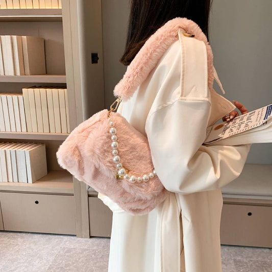 WINTER PEARL CHAIN HAND TOTE SHOULDER PLUSH BAG_CWAB3988