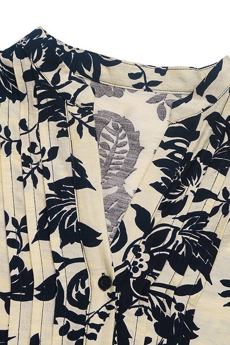 CWTBLL2033_VINTAGE PRINT PLEATED STAND COLLAR SHIRT TOP