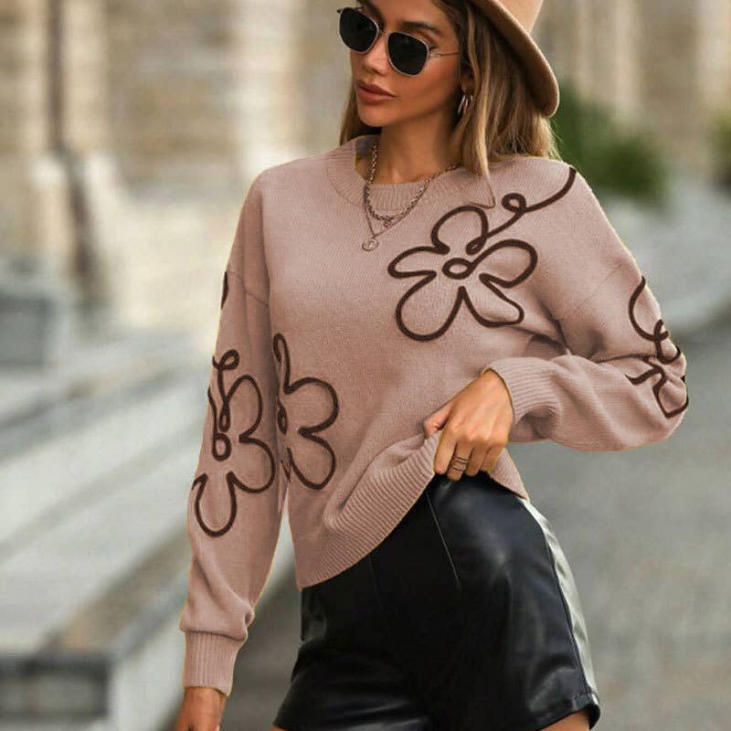 Flower-patterned round-neck knitted sweater