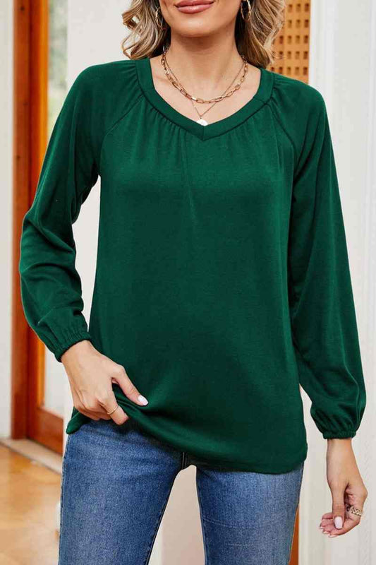 CWTBLL2840_CASUAL SOLID COLOR PLEATED LONG SLEEVE TOP