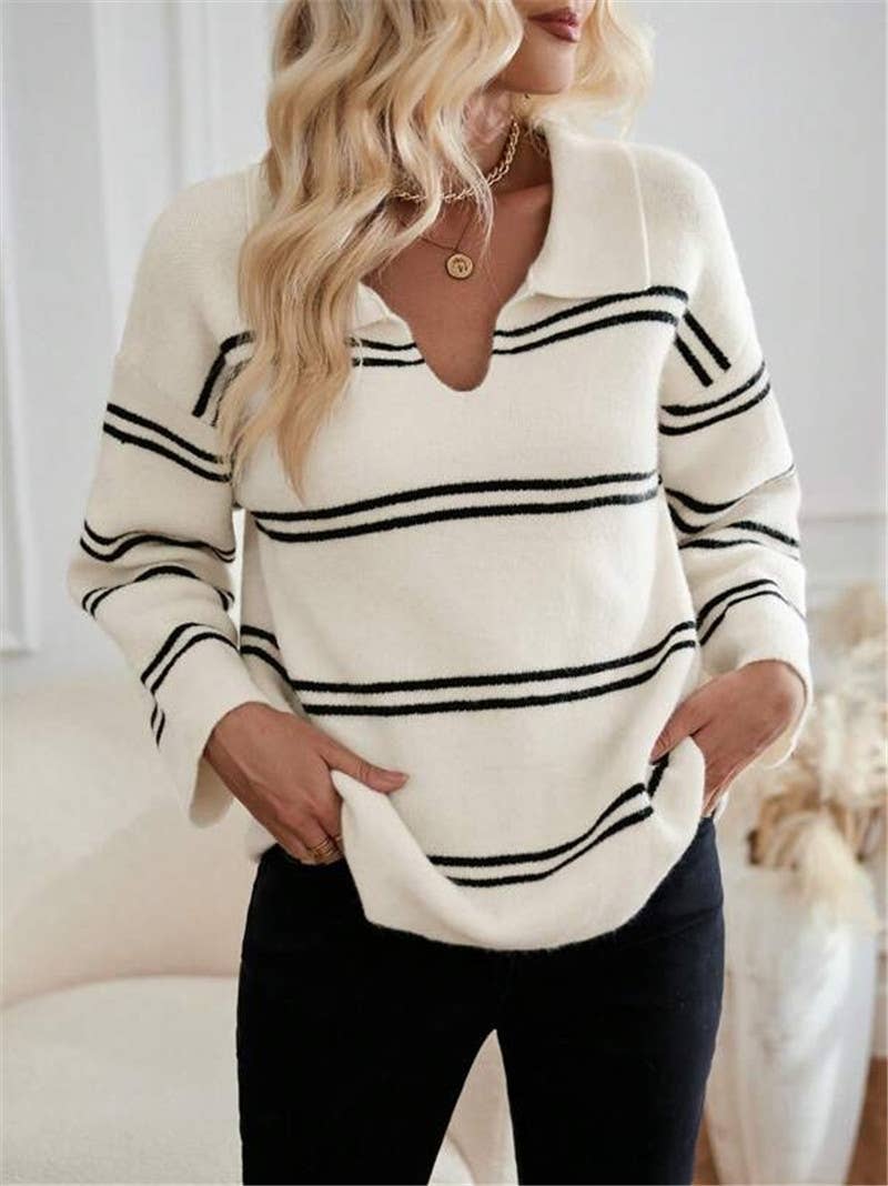 Color-blocking striped polo neck knitted sweater