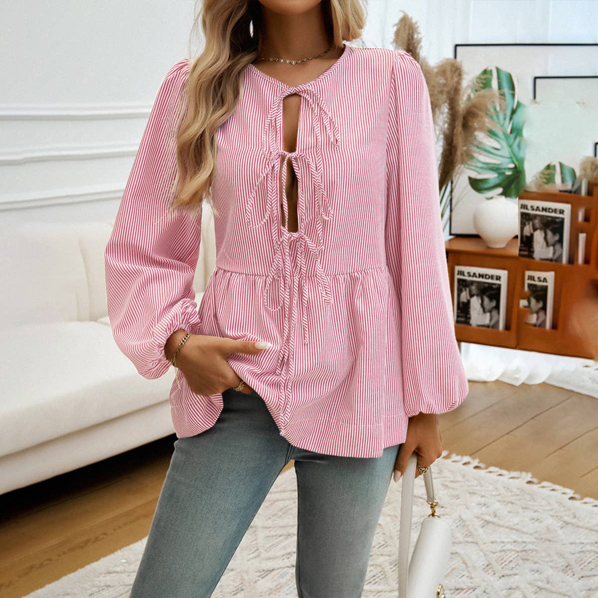 CASUAL LOOSE STRIPED LACE-UP SHIRT