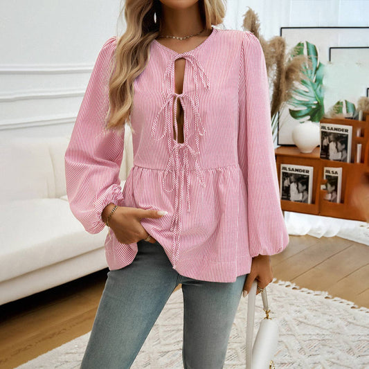 CASUAL LOOSE STRIPED LACE-UP SHIRT