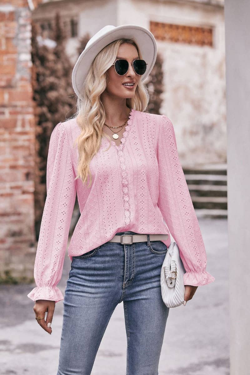 CWTBLL2739_SOLID COLOR HOLLOW LACE LONG-SLEEVED TOP