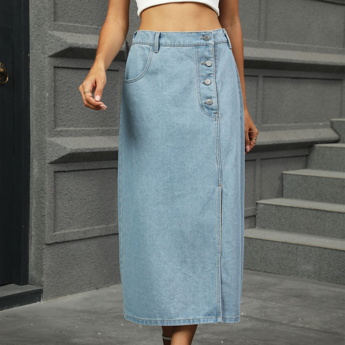 Women?™s Washed Denim Midi Skirt with Buttons_CWJSK0206