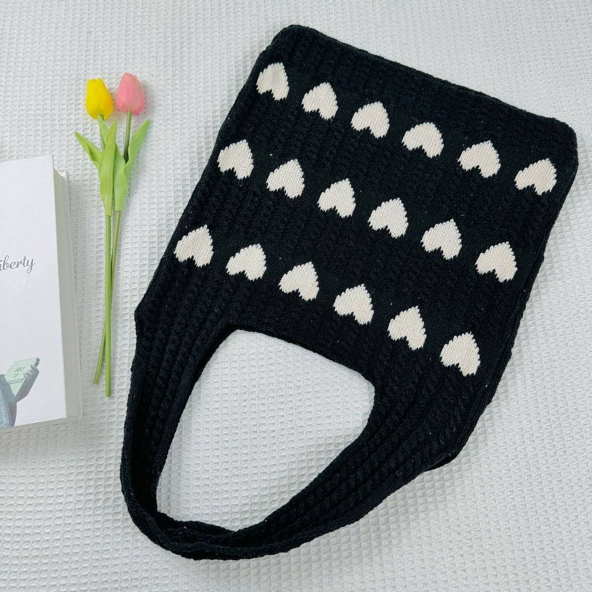 CWAB4569_HEART PATTERN KNITTED LARGE CAPACITY TOTE BAG