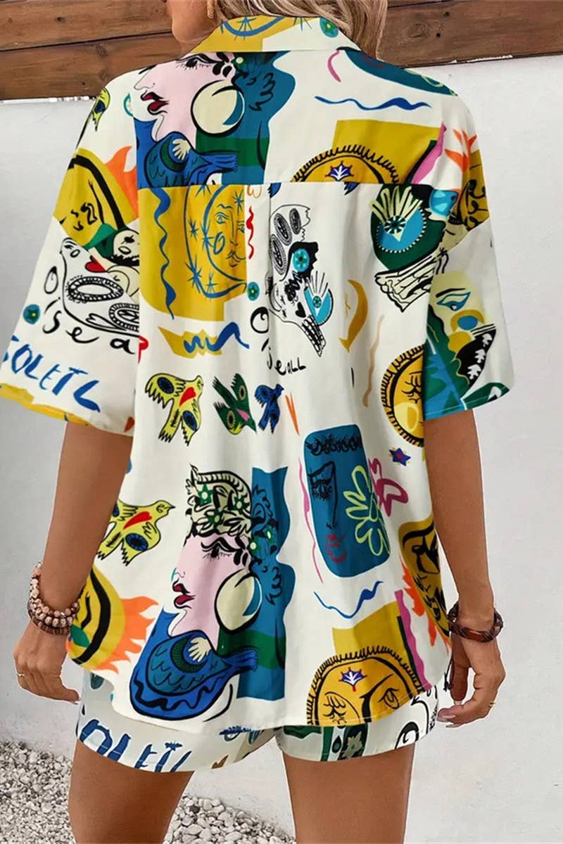 CWSS1119_CONTRAST COLOR CASUAL GRAFFITI PRINT TWO-PIECE