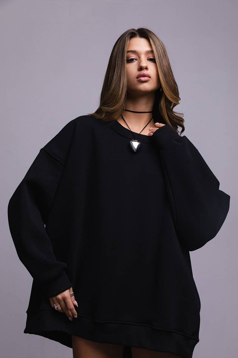 CWTBLL1669_SOLID COLOR BAGGY LONG-SLEEVED CREW-NECK TOP