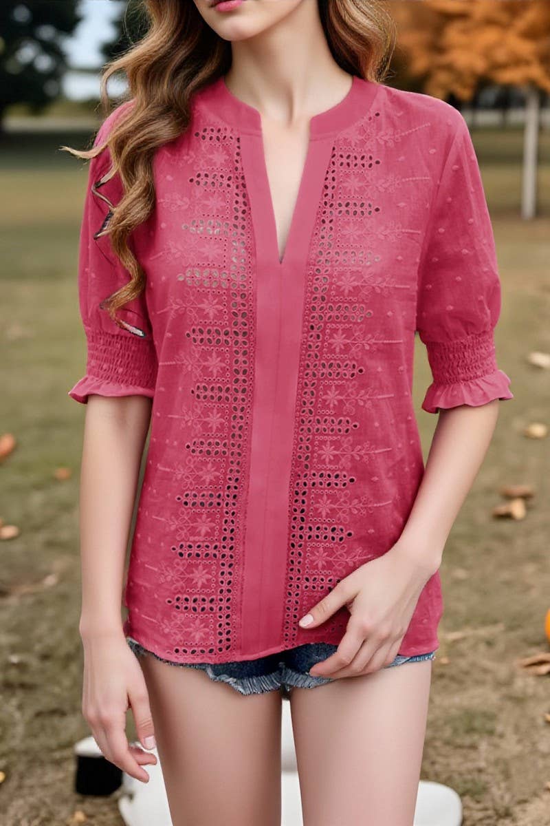 CWTTS00704_V-NECK CASUAL PULLOVER PUFF SLEEVE LOOSE T-SHIRT