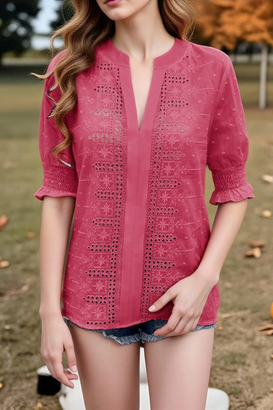 CWTTS00704_V-NECK CASUAL PULLOVER PUFF SLEEVE LOOSE T-SHIRT