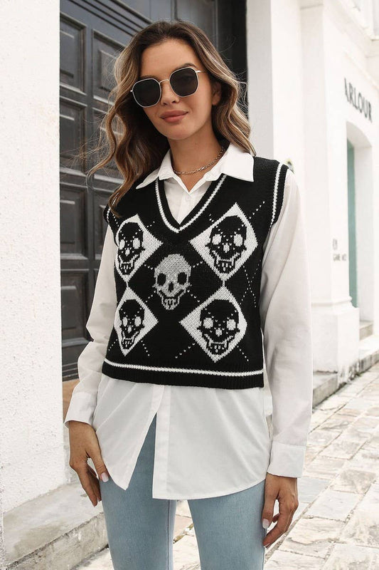 CWOV0484_HALLOWEEN SKULL JACQUARD KNIT SWEATER VEST