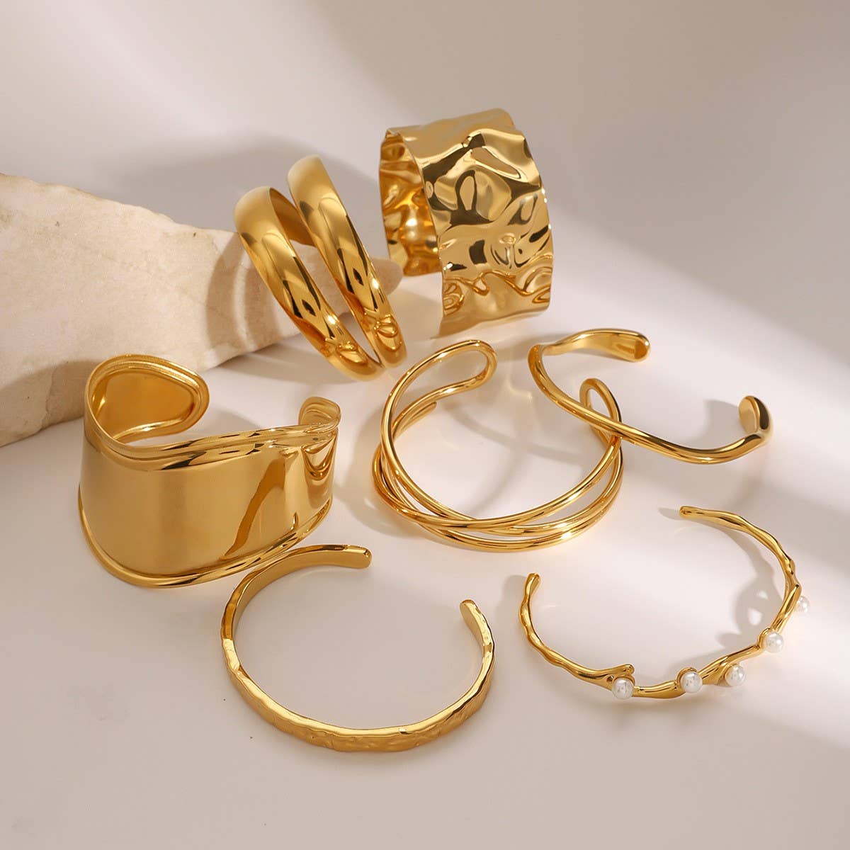 Gold Stainless Steel Pearl Open Cuff Bracelet