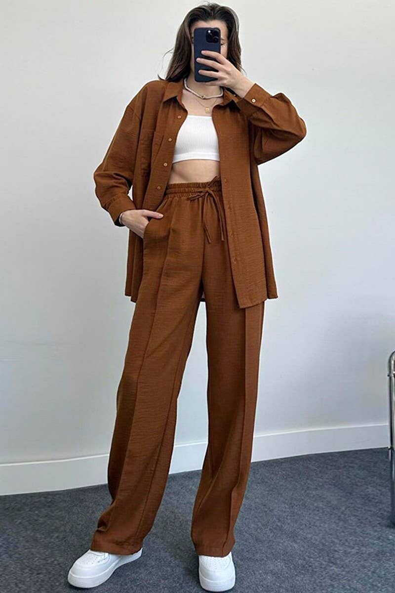 CWSS1061_WOMEN'S LOOSE LONG-SLEEVED SHIRT TWO-PIECE SUIT