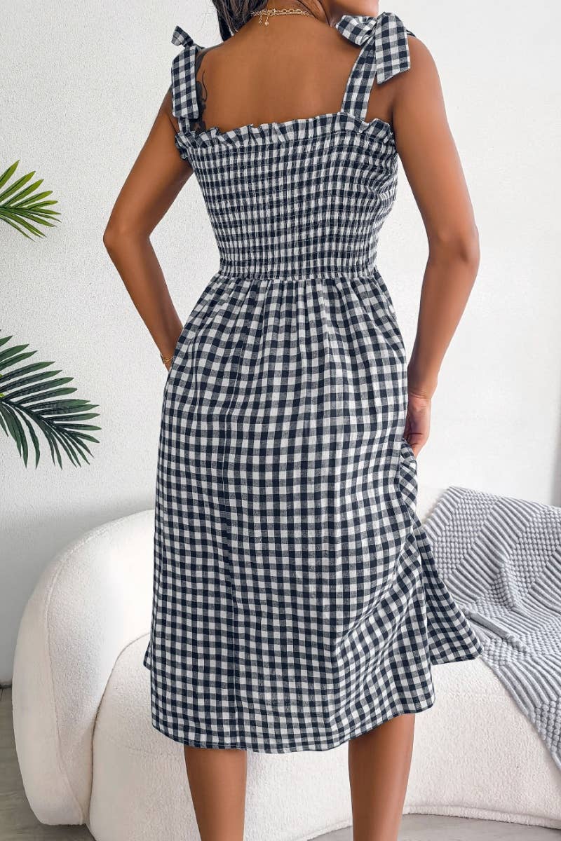 CWDHL0520_SUMMER CASUAL LACE-UP PLAID DRESS MID-LENGTH