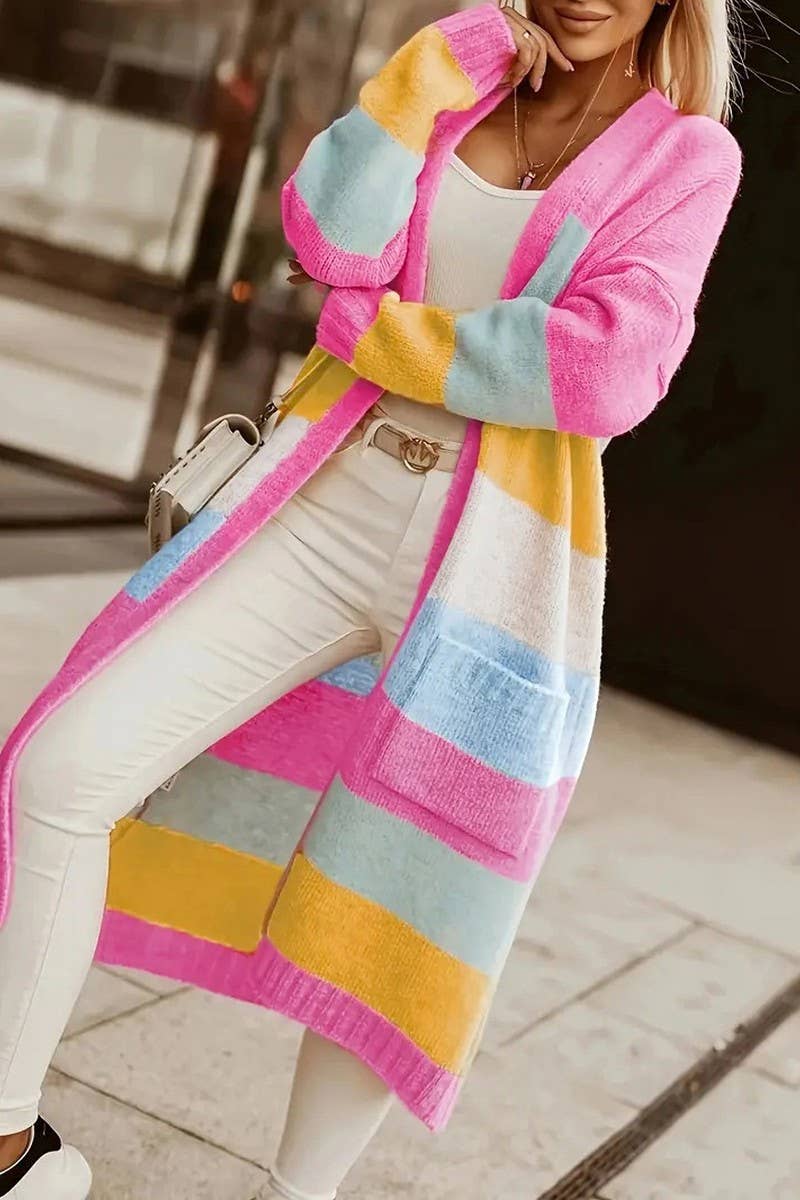 CWOCAL00717_COLORBLOCK RAINBOW STRIPE LONG KNIT CARDIGAN