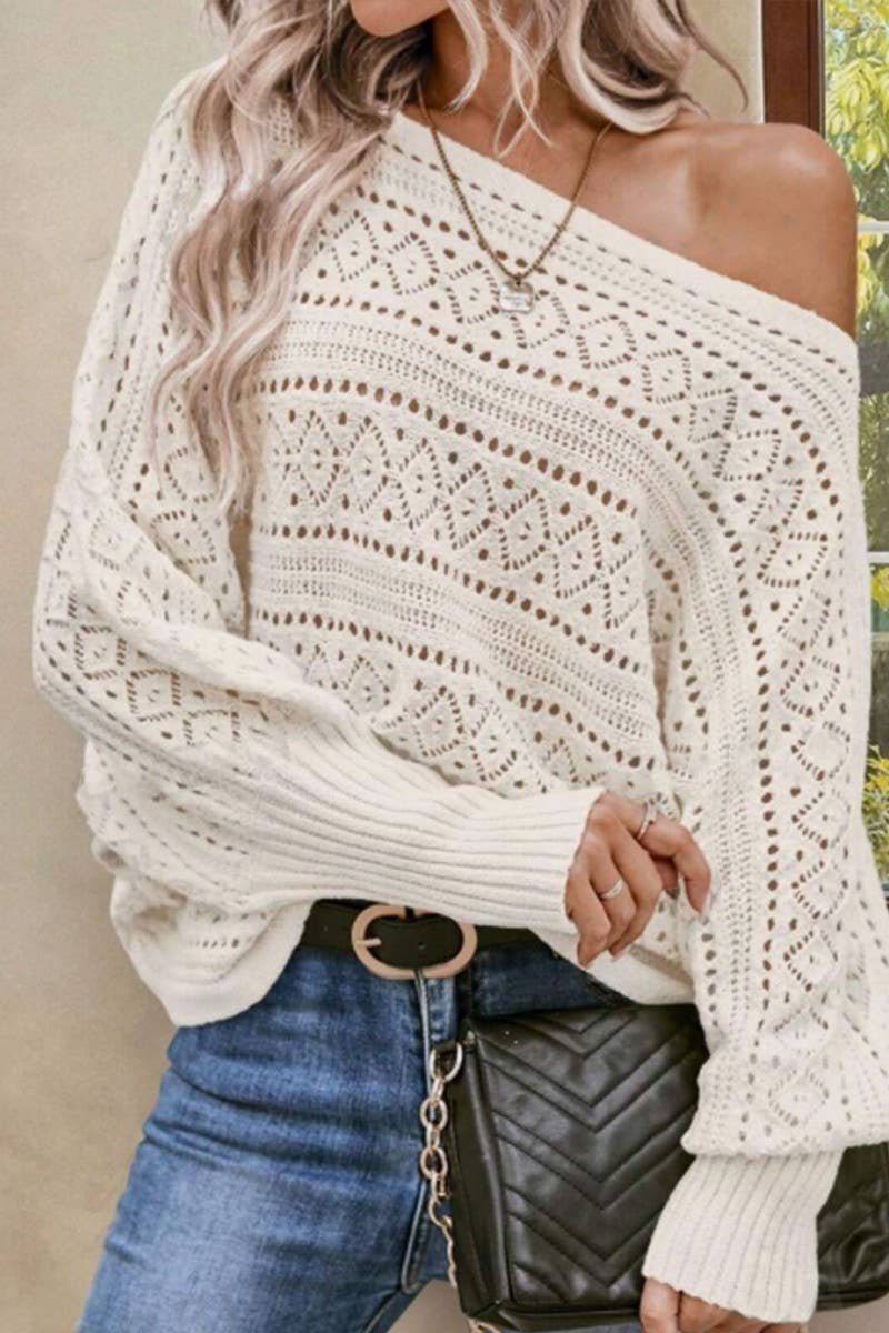 CWOSWL07628_CROCHET HOLLOW BATWING OFF SHOULDER SWEATER