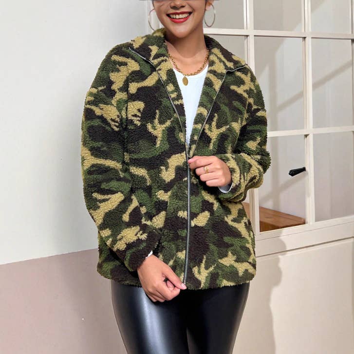 Camouflage fleece double-sided funnel neck coat