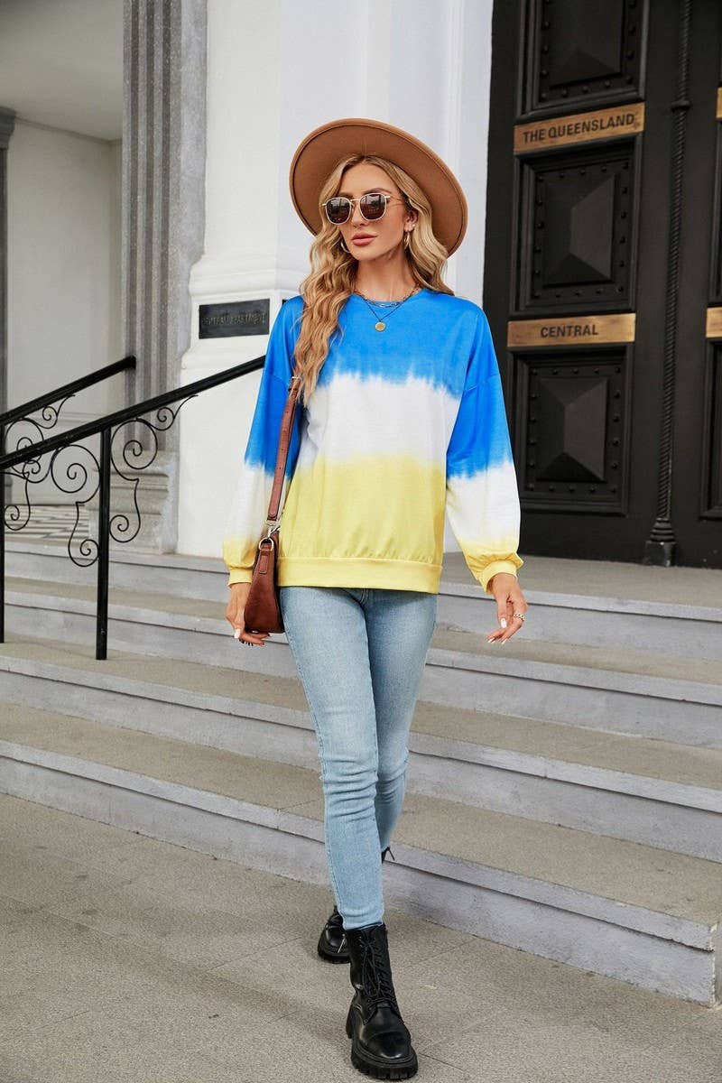 CWTBLL2414_TIE-DYE CONTRAST COLOR CREW NECK LONG SLEEVE TOP