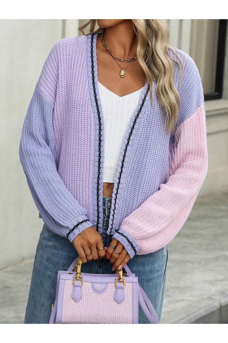 CWOSWL2462_Color Matching Long Sleeved Knit Sweater Cardigan