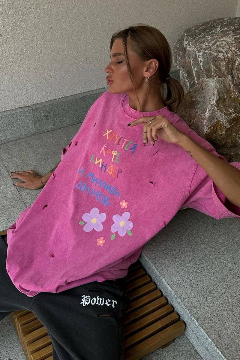 CWTTS1576_LETTERING LOOSE LAZY CASUAL MID-LENGTH T-SHIRT