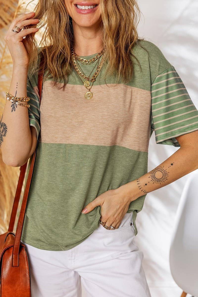 CWTTS1392_ROUND NECK CASUAL STRIPED CONTRAST COLOR T-SHIRT