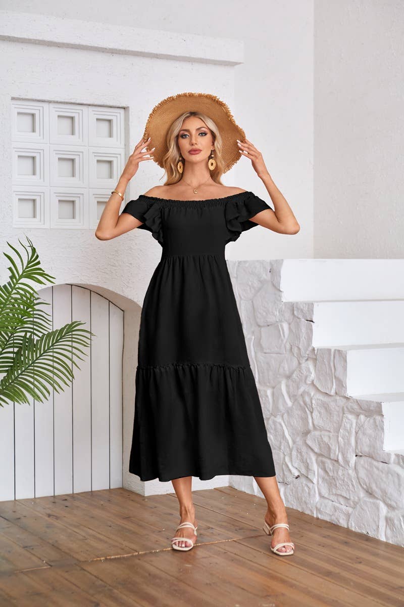 Fly-sleeve square neck off-the-shoulder dress
