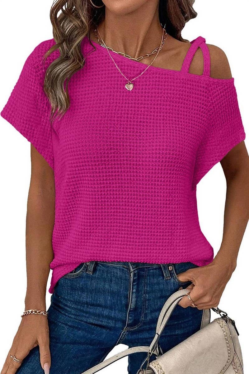 CWTBLS1617_SOLID COLOR OFF-SHOULDER SHORT-SLEEVED KNIT TOP