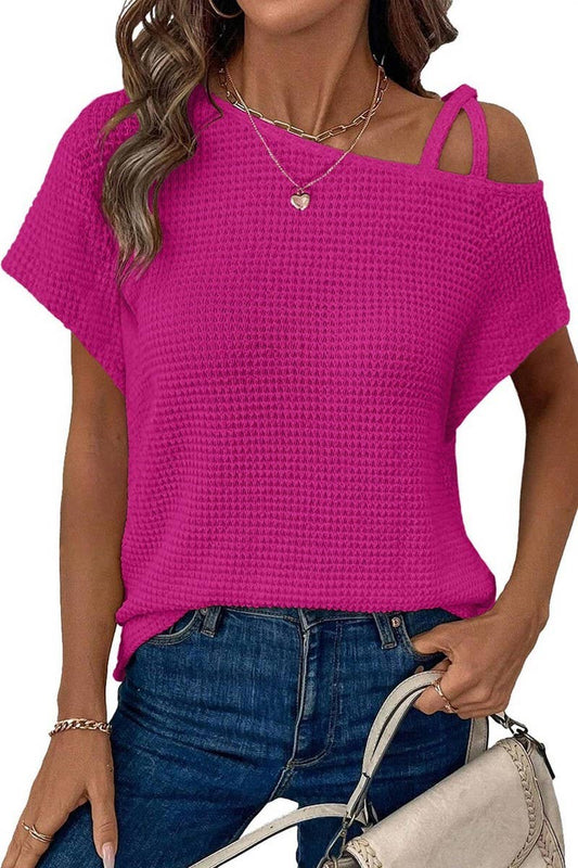 CWTBLS1617_SOLID COLOR OFF-SHOULDER SHORT-SLEEVED KNIT TOP