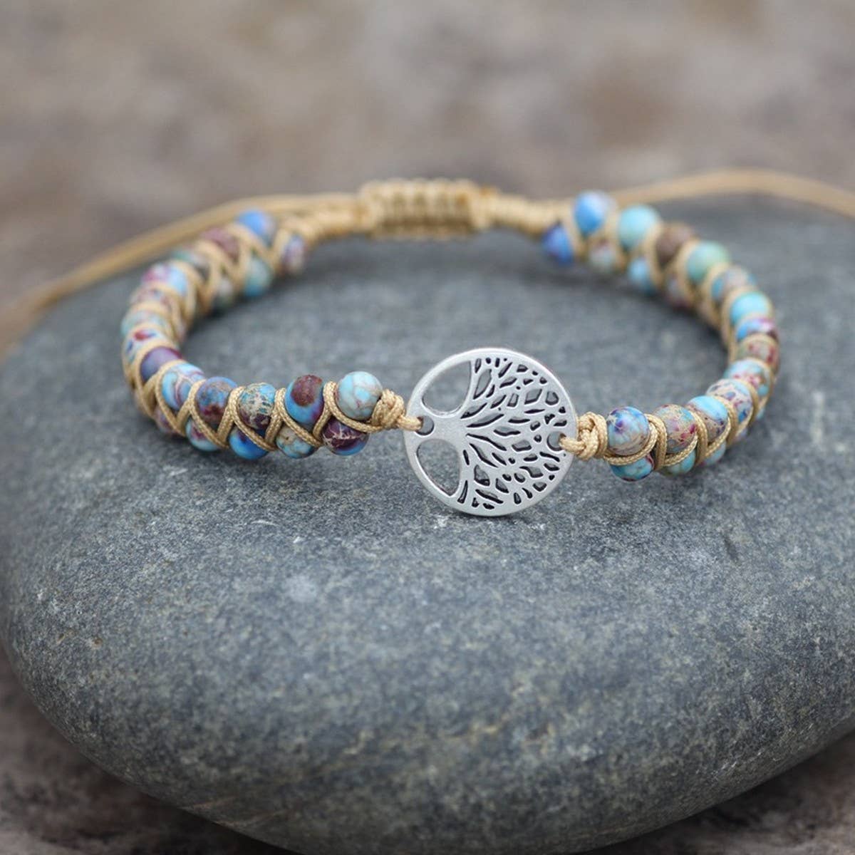TREE SHAPED PENDANT NATURAL STONE WOVEN BRACELET
