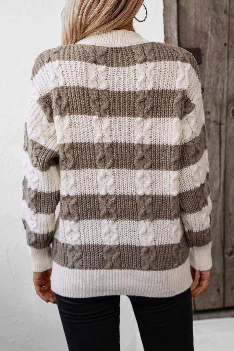 CWOSWL2917_PULLOVER STRIPED LOOSE CABLE KNIT SWEATER