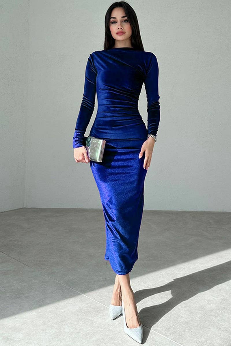 CWDMD4098_SLIM FIT PLEATED LONG SLEEVE TUXEDO DRESS