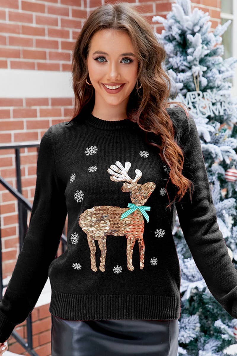 CWOSWL2443_DEER EMBROIDERED CHRISTMAS KNITTED SWEATER