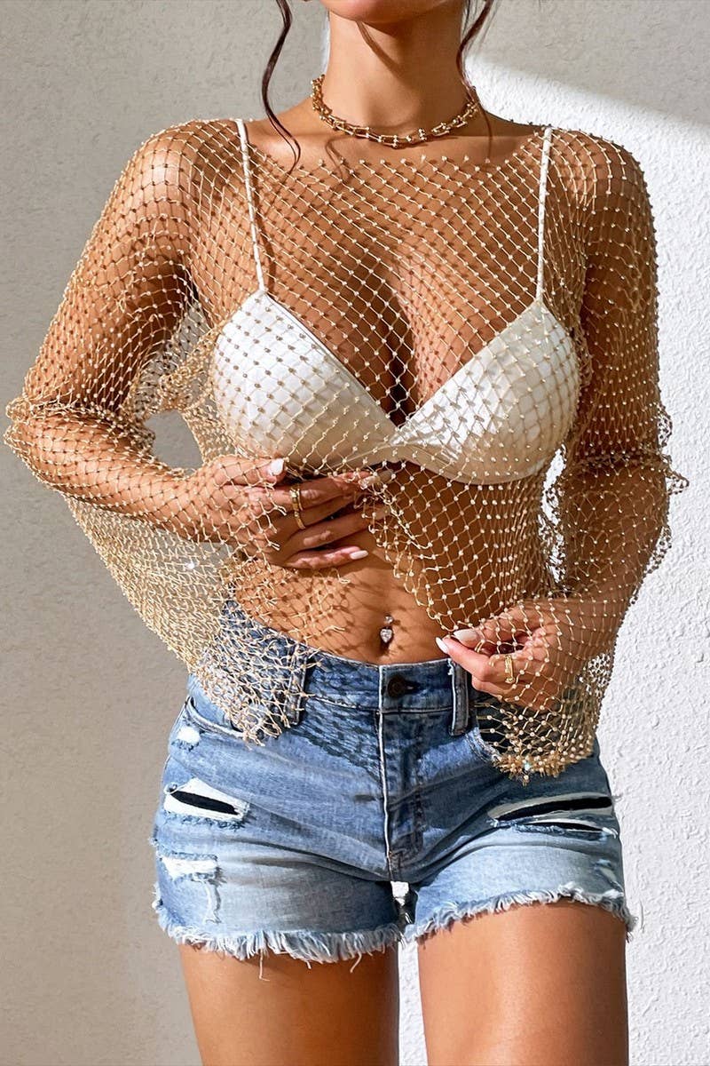 CWTTSL0395_SUMMER GRID DIAMOND BELL SLEEVE TOP